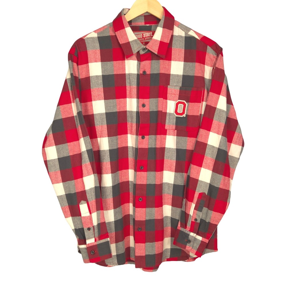 Ohio State Buckeyes Flannel Shirt Mens Medium Red Gray White Plaid Long Sleeve - Picture 2 of 8